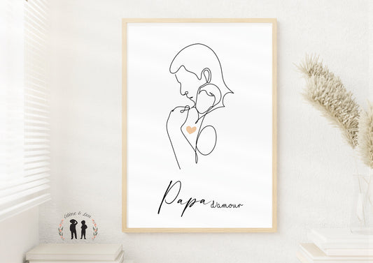 Affiche décorative minimaliste papa d'amour et bébé LineArt