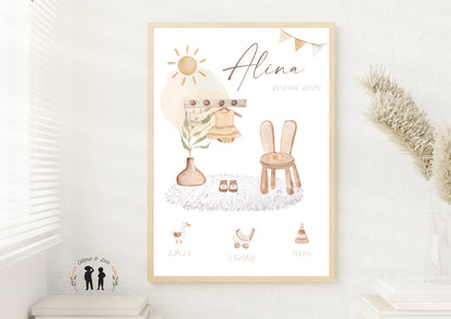 Affiche de naissance personnalisée bohème chambre bébé