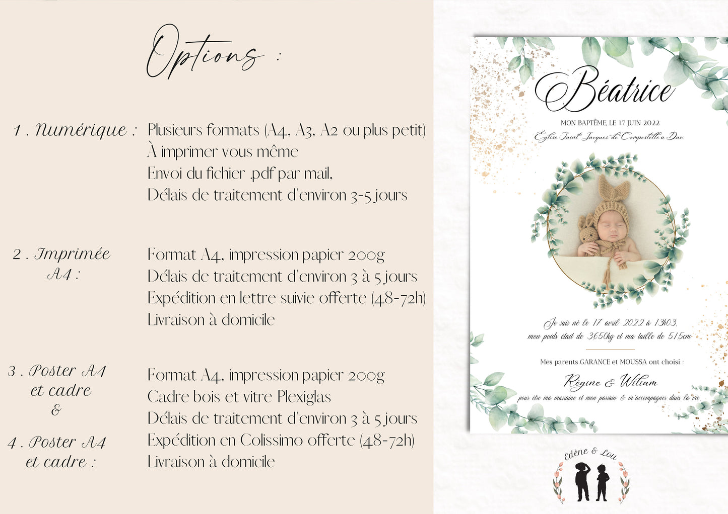 affiche personnalisée baptême eucalyptus - bébé et enfant