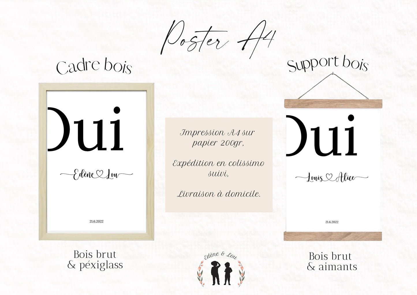 Affiche couple mariage souvenir "oui" coeur & date