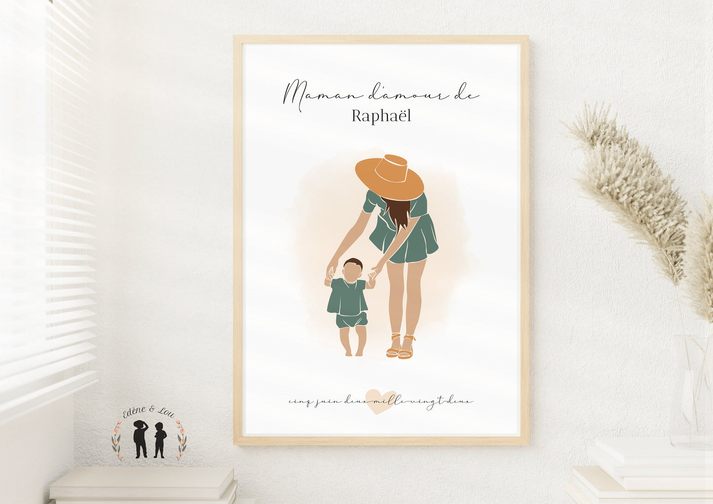 Affiche maman et bébé personnalisée - prénom coeur & date - maman enfant