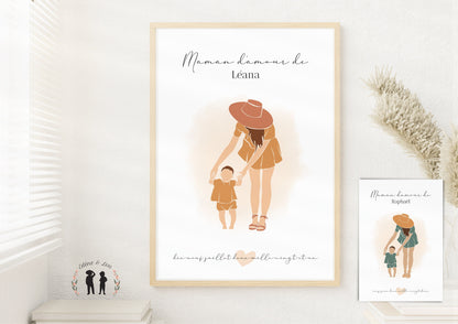 Affiche maman et bébé personnalisée - prénom coeur & date - maman enfant