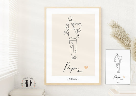 Affiche décorative personnalisée papa chéri minimaliste - petit garçon - lineArt