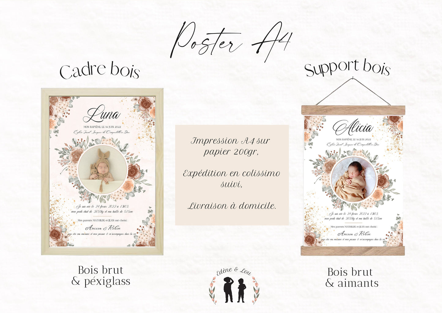 affiche personnalisée baptême avec photo fleurs - bébé et enfant