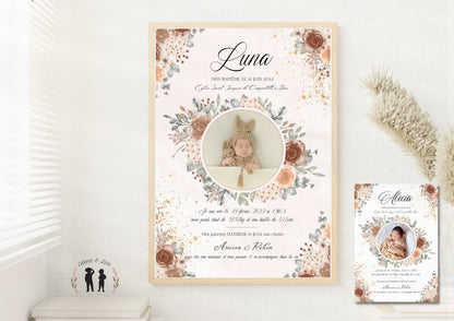 affiche personnalisée baptême avec photo fleurs - bébé et enfant