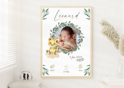 Affiche de naissance personnalisée bébé photo lionceau