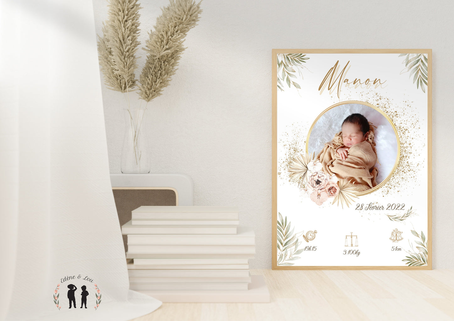 Affiche de naissance personnalisée bébé photo boho pampa