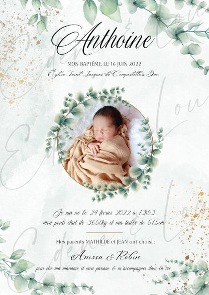 affiche personnalisée baptême eucalyptus - bébé et enfant