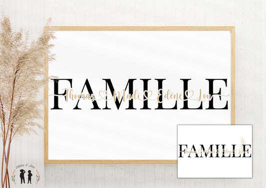 Affiche Famille personnalisée prénom, coeur - minimaliste ou pampas