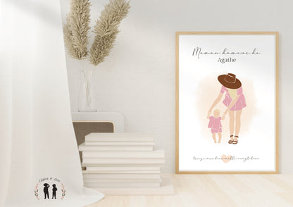 Affiche maman et bébé personnalisée - prénom coeur & date - maman enfant