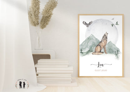 Affiche de naissance personnalisée Loup et lune