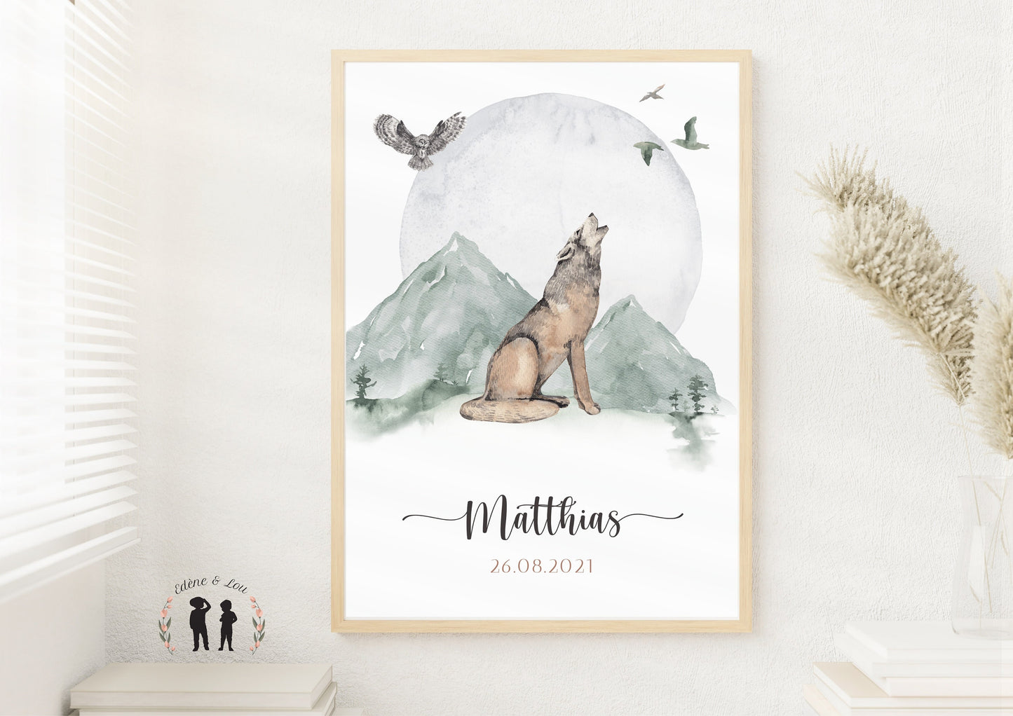 Affiche de naissance personnalisée Loup et lune