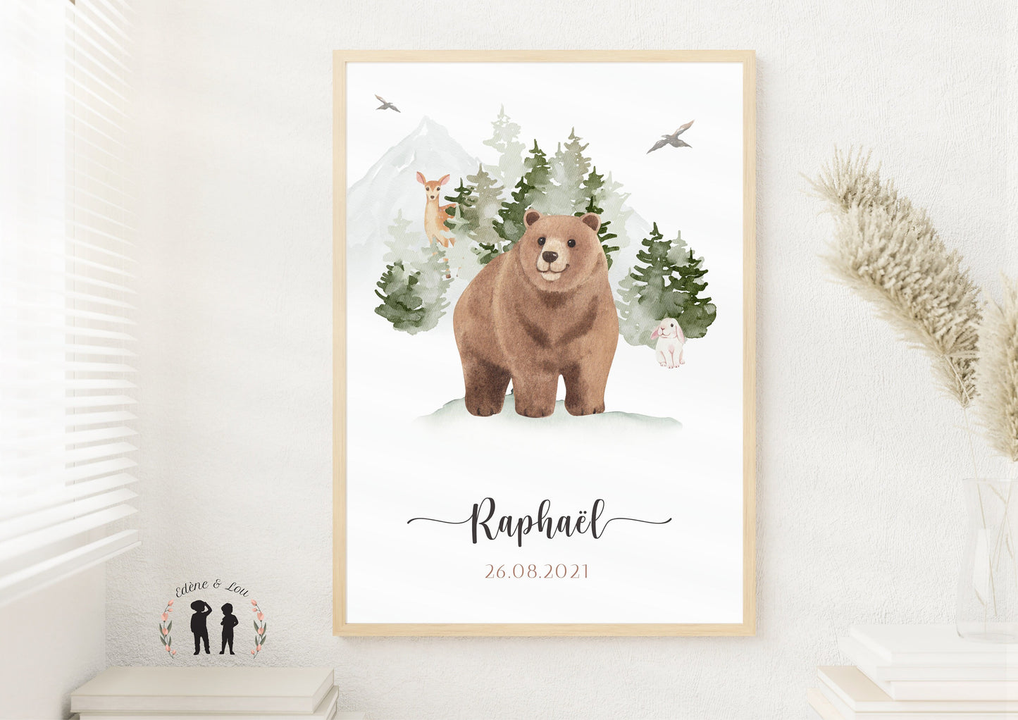 Affiche de naissance personnalisée Ours et forêt