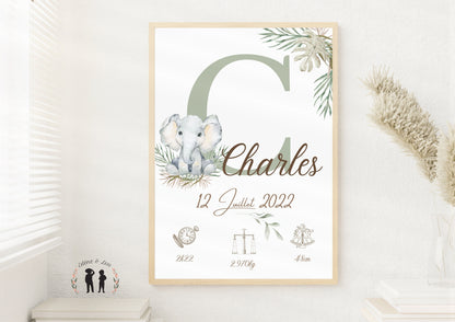 Affiche de naissance personnalisée Éléphant