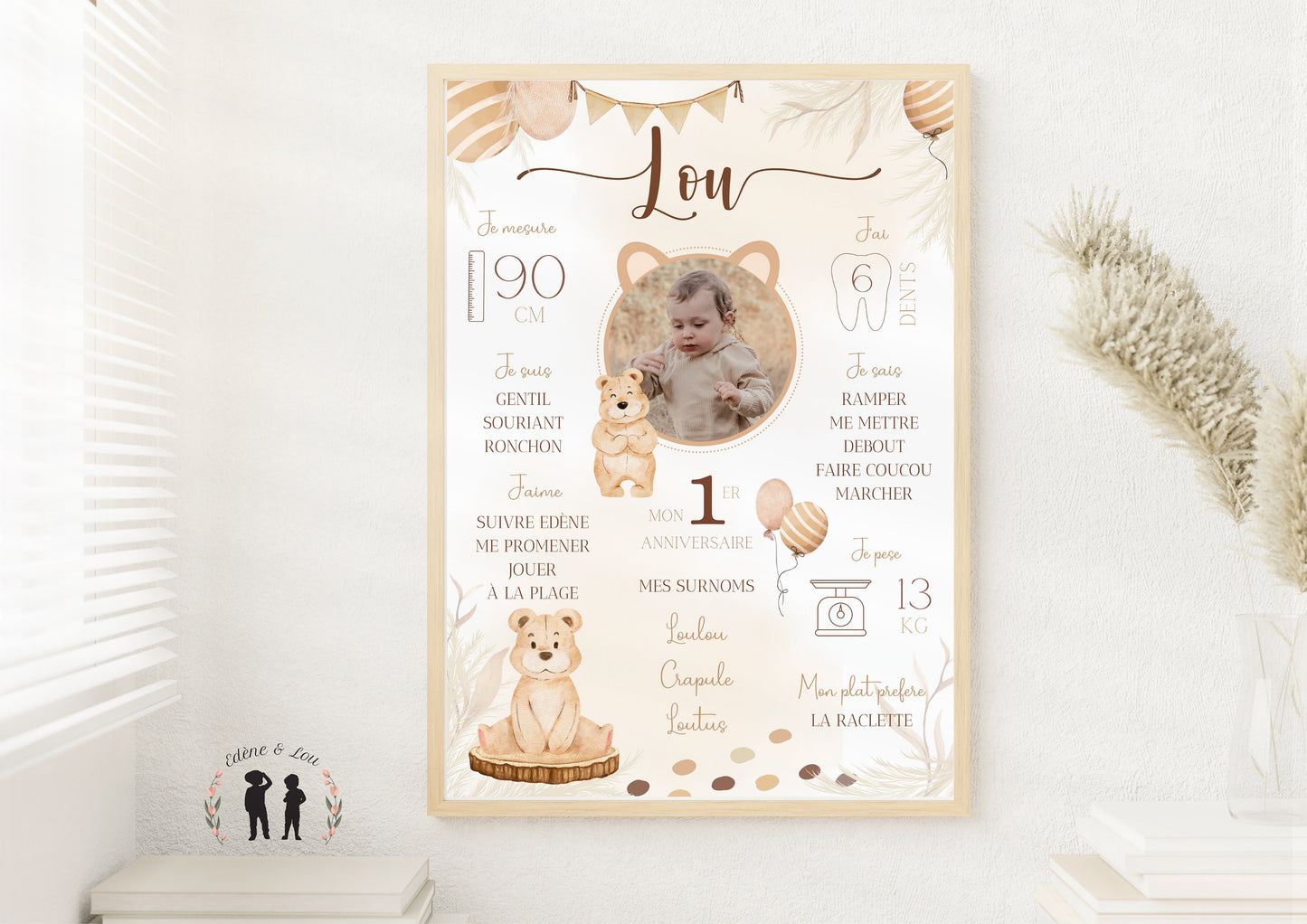 Affiche anniversaire personnalisée boho et oursons avec photo