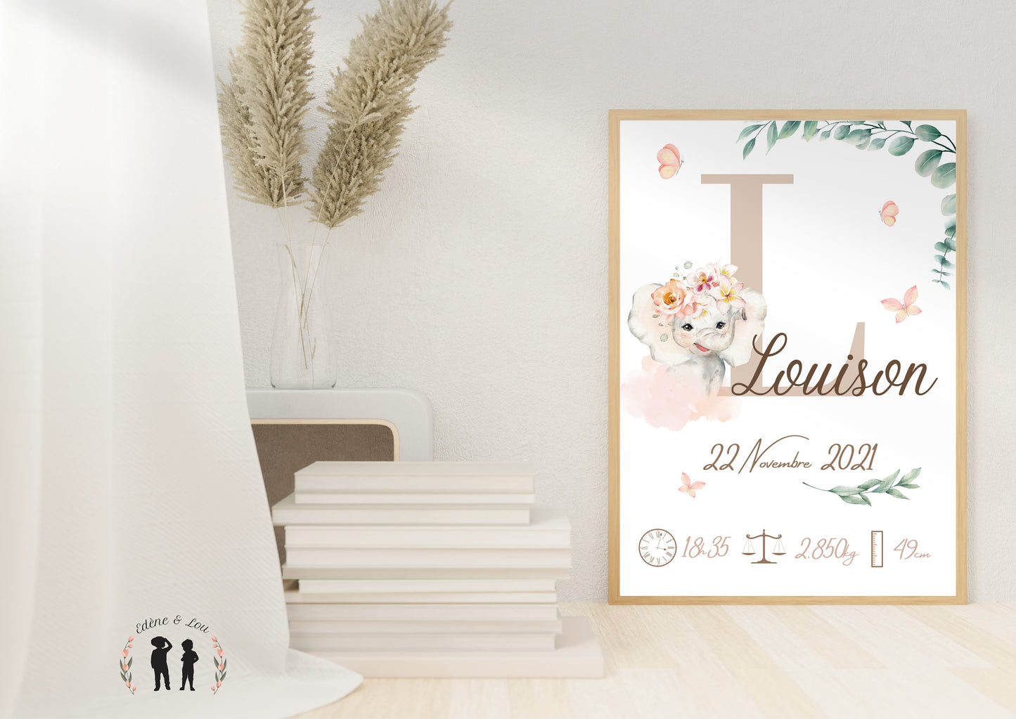 Affiche de naissance personnalisée Éléphant fleurs et papillons