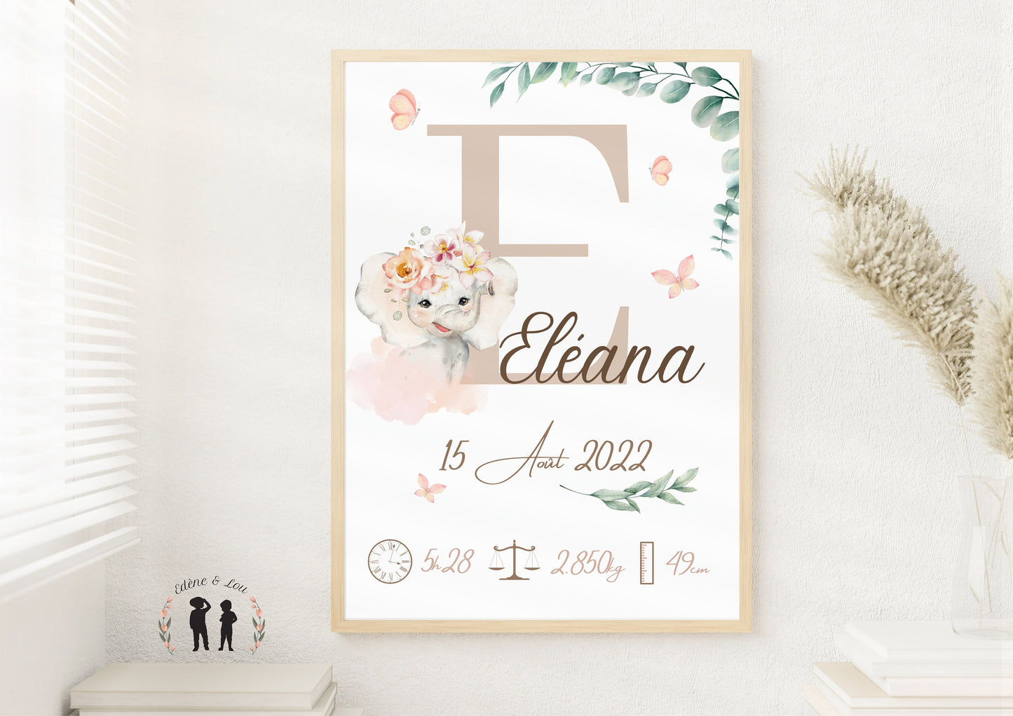 Affiche de naissance personnalisée Éléphant fleurs et papillons