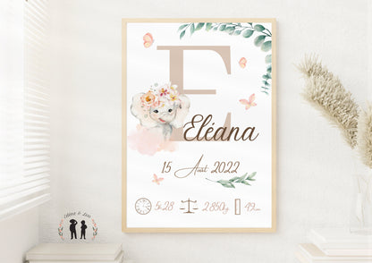 Affiche de naissance personnalisée Éléphant fleurs et papillons