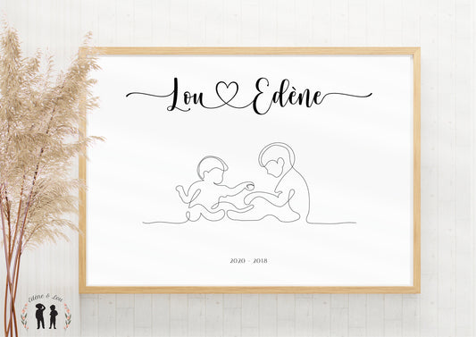 Affiche décorative minimaliste personnalisée frère - bébé et enfant LineArt