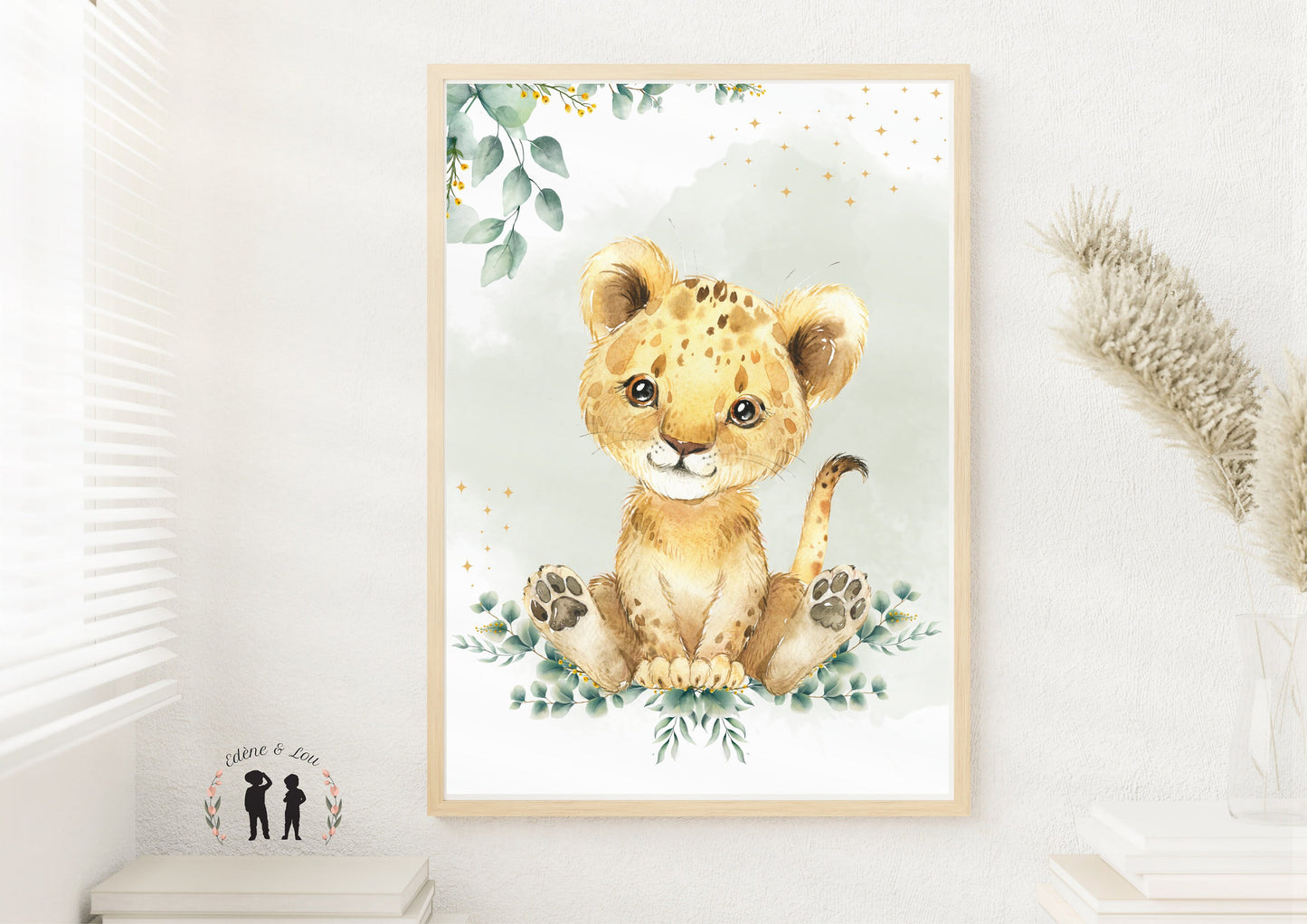 Affiche décorative lionceau et eucalyptus chambre bébé et enfant