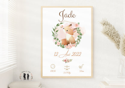 Affiche de naissance personnalisée Renard fleur