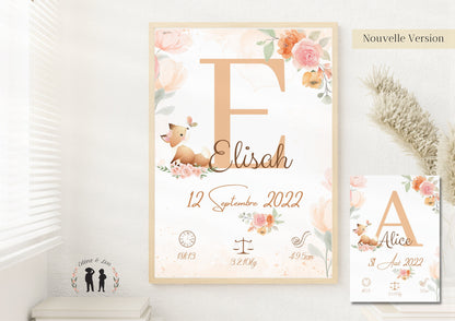 Affiche de naissance personnalisée Renard fleur