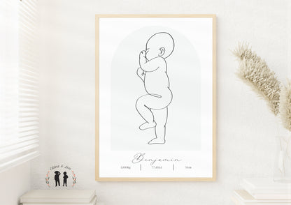 Affiche de naissance personnalisée bébé LineArt  - boho, minimaliste