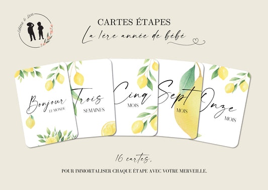 Cartes étapes bébé la première année de bébé - de la naissance à 1an - fruits : citrons - 16 cartes