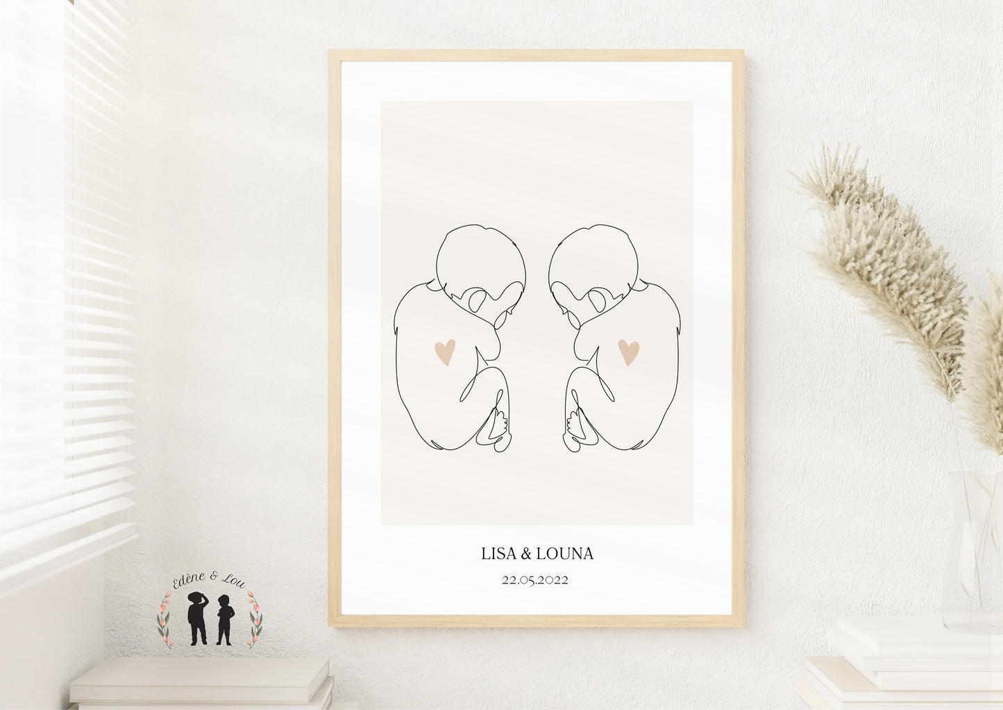 Affiche de naissance personnalisée jumeaux - bébé coeur - minimaliste LineArt