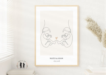 Affiche de naissance personnalisée jumeaux - bébé coeur - minimaliste LineArt