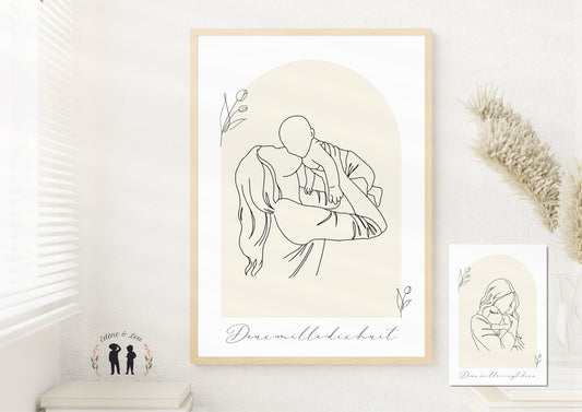 Affiche décorative personnalisée Maman - minimaliste - maman et bébé LineArt