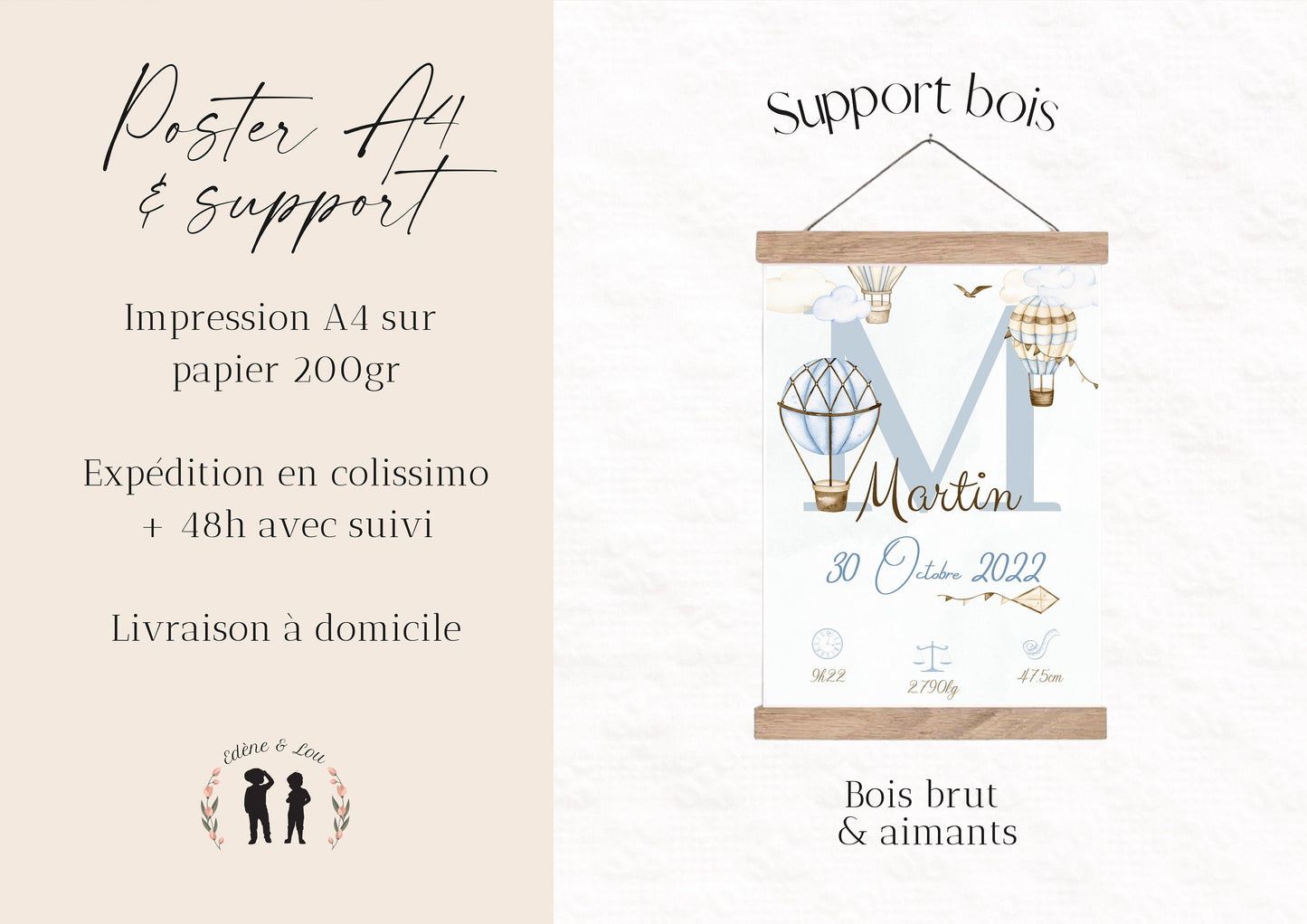 Affiche de naissance personnalisée bébé montgolfière bleue