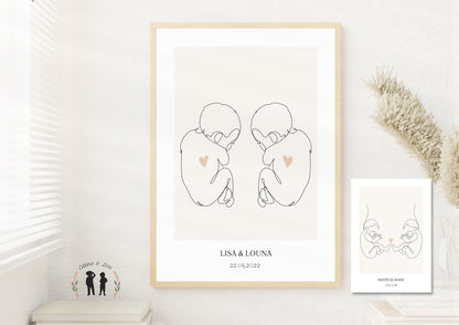 Affiche de naissance personnalisée jumeaux - bébé coeur - minimaliste LineArt