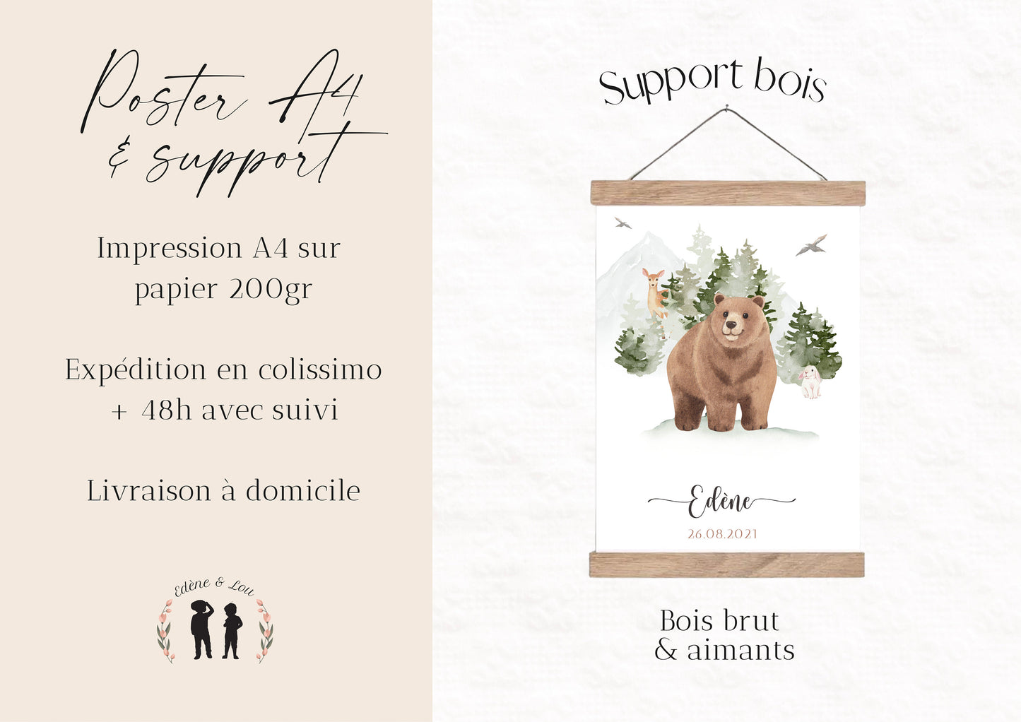 Affiche de naissance personnalisée Ours et forêt