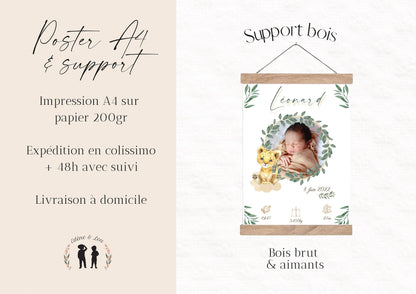 Affiche de naissance personnalisée bébé photo lionceau