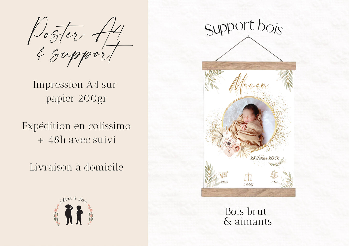 Affiche de naissance personnalisée bébé photo boho pampa