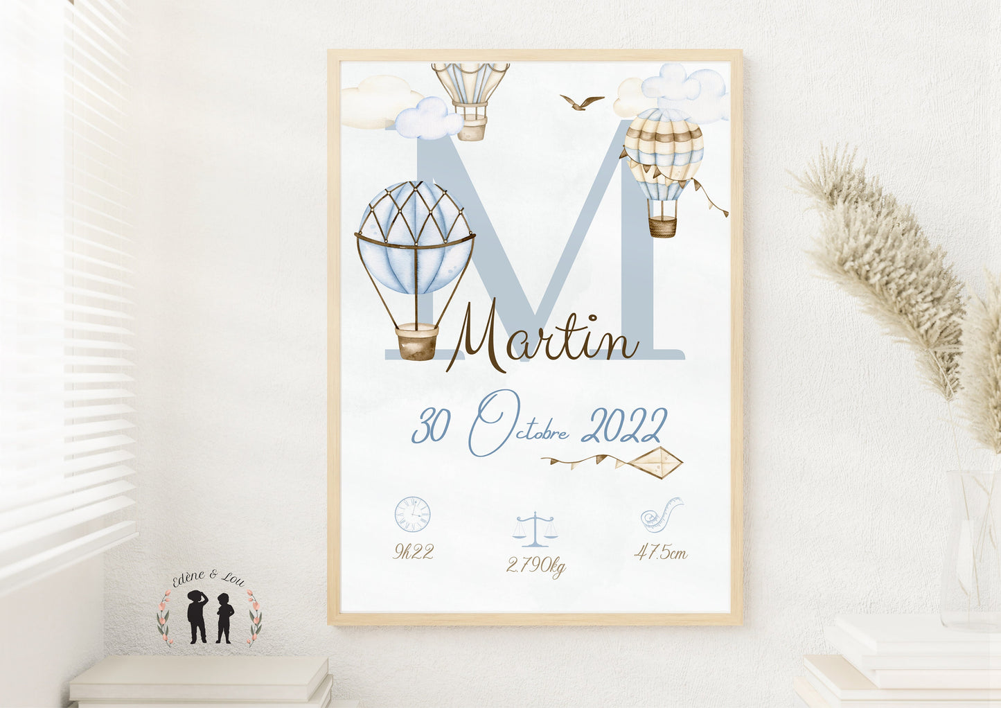 Affiche de naissance personnalisée bébé montgolfière bleue