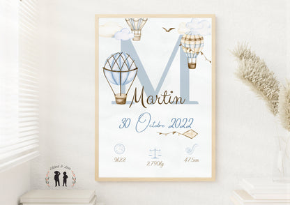 Affiche de naissance personnalisée bébé montgolfière bleue