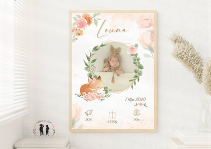 Affiche de naissance personnalisée Renard et fleurs avec photo