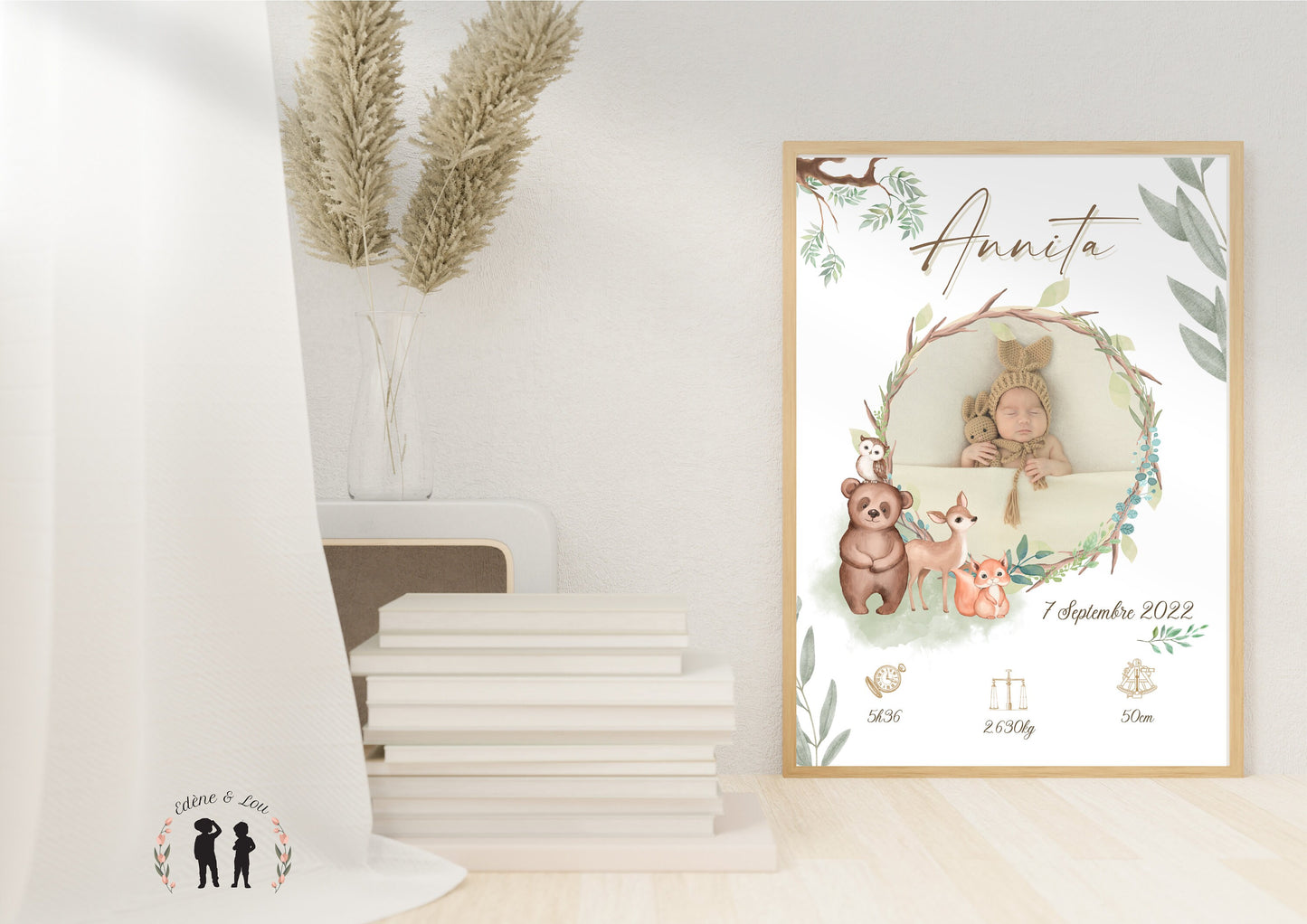 Affiche de naissance personnalisée bébé photo animaux de la forêt