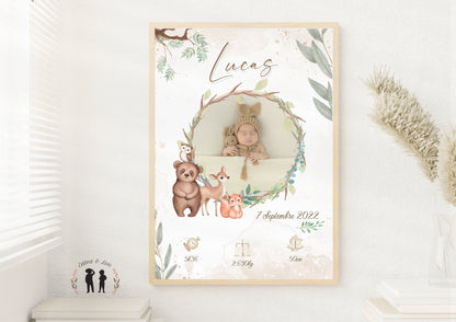 Affiche de naissance personnalisée bébé photo animaux de la forêt