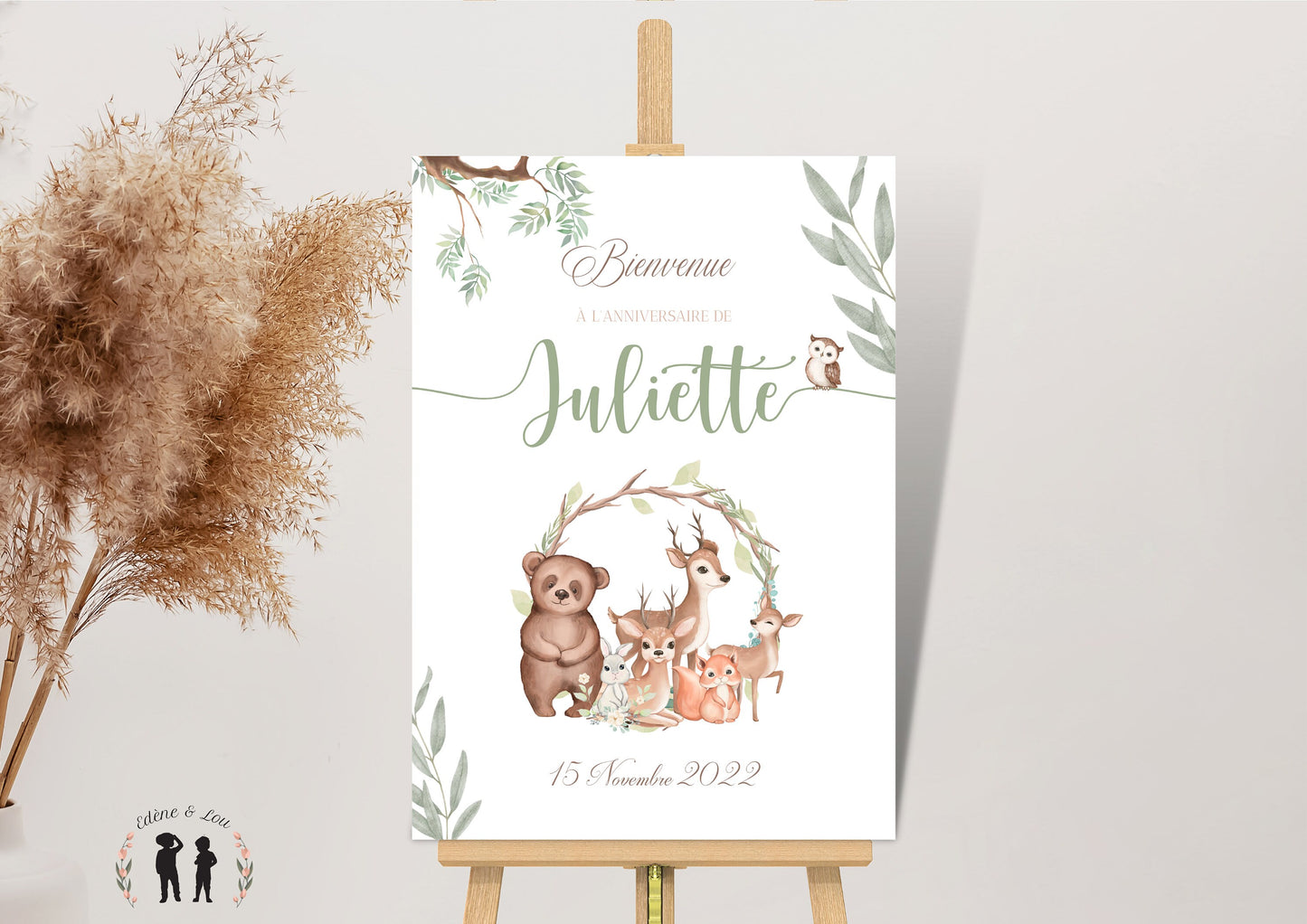 Affiche personnalisée Bienvenue baptême, anniversaire ou Baby Shower animaux de la forêt