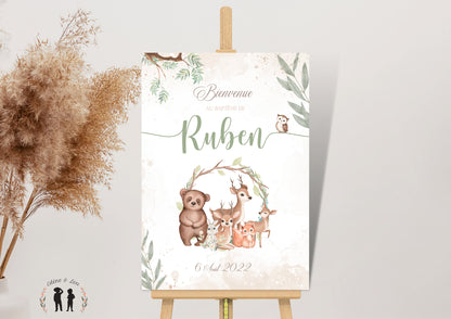 Affiche personnalisée Bienvenue baptême, anniversaire ou Baby Shower animaux de la forêt