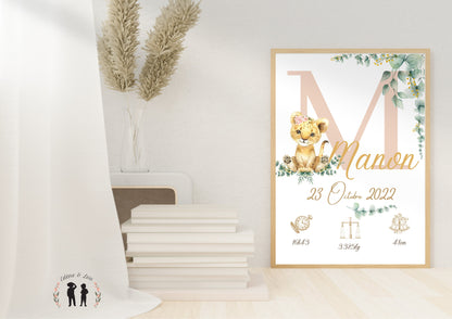 Affiche de naissance personnalisée Lionceau rose