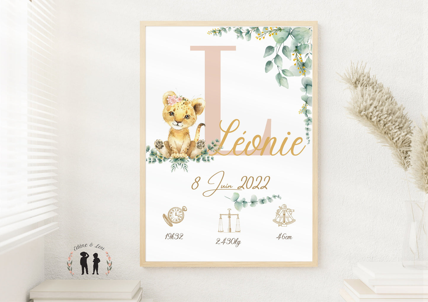 Affiche de naissance personnalisée Lionceau rose