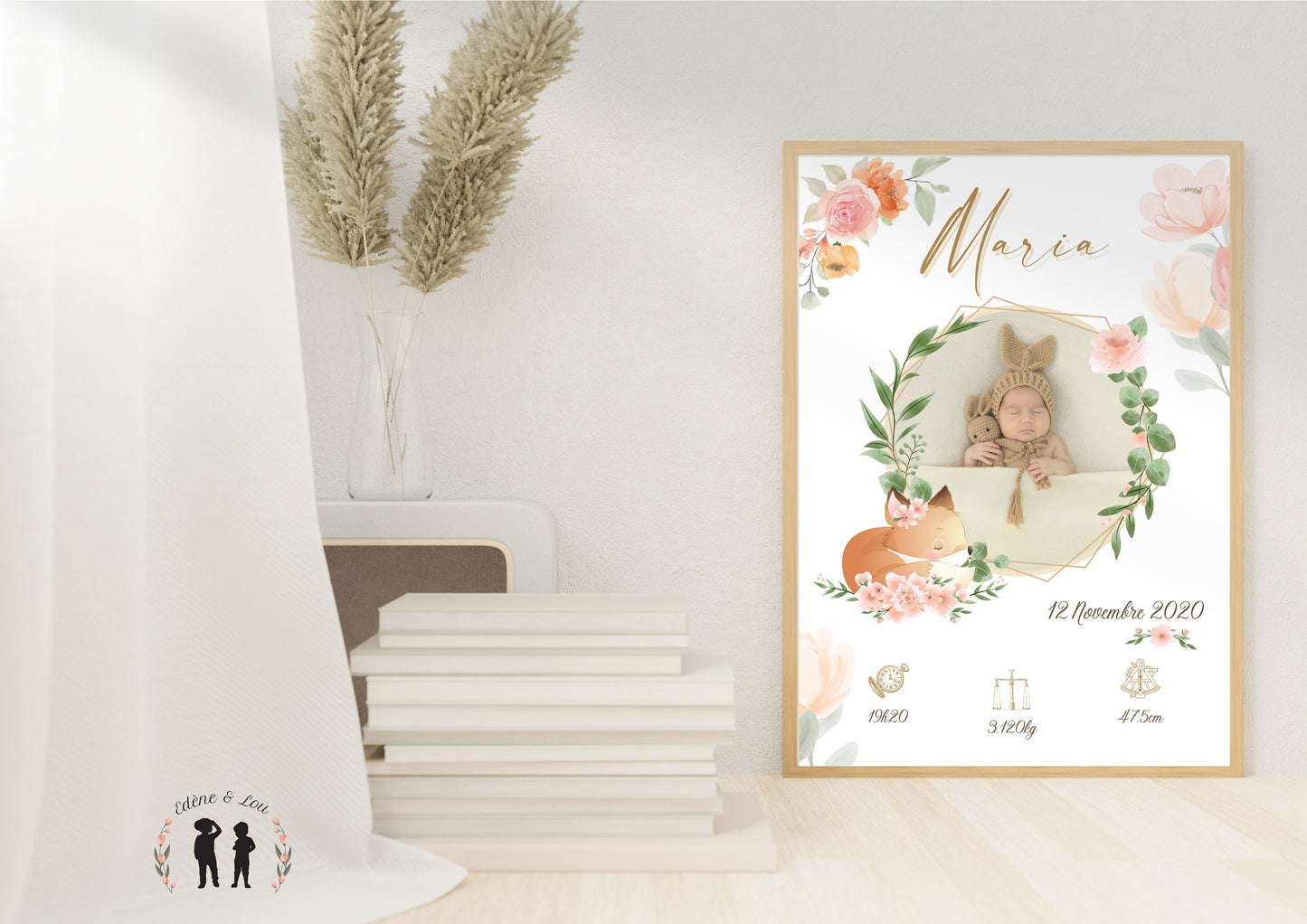 Affiche de naissance personnalisée Renard et fleurs avec photo