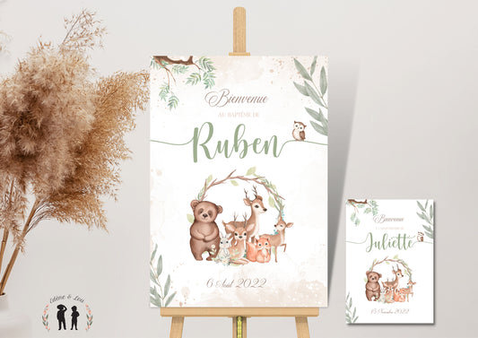 Affiche personnalisée Bienvenue baptême, anniversaire ou Baby Shower animaux de la forêt