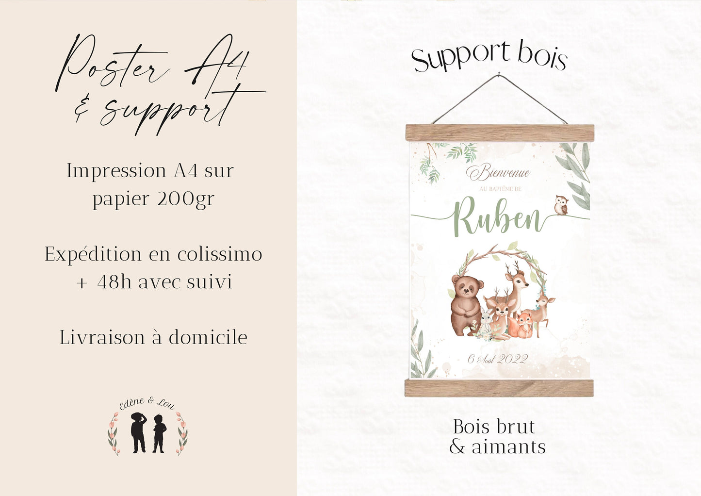 Affiche personnalisée Bienvenue baptême, anniversaire ou Baby Shower animaux de la forêt