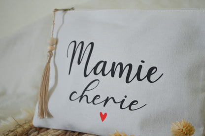 Trousse en coton "Mamie cherie" - minimaliste coeur - personnalisée - pochette cadeau mamie