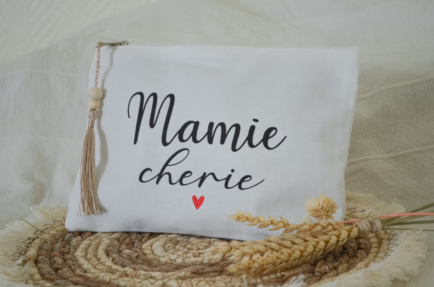 Trousse en coton "Mamie cherie" - minimaliste coeur - personnalisée - pochette cadeau mamie